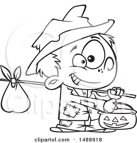 450x470 Clipart Of A Cartoon Lineart Boy Trick Or Treating On Halloween As