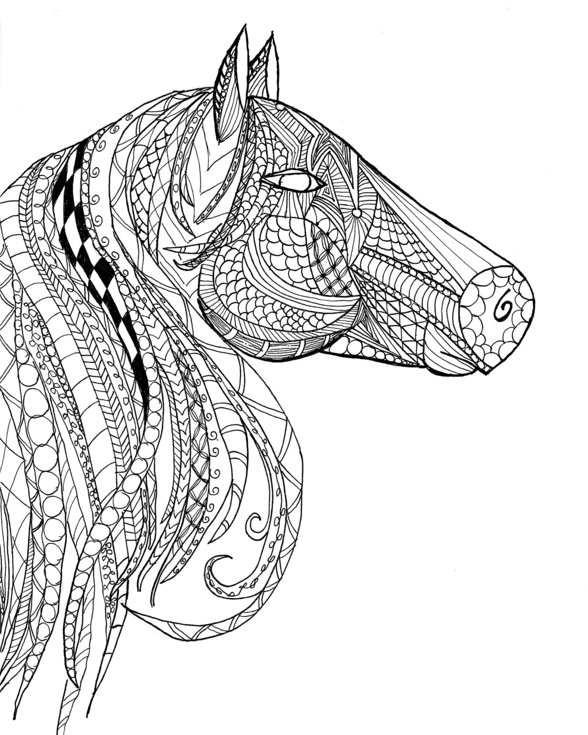 1200x1500 Horse Head Zentangle Adult Coloring Page