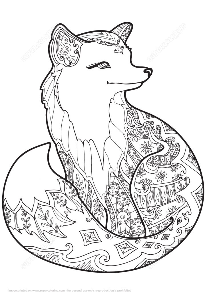 725x1024 Zentangle Fox Design Coloring Page