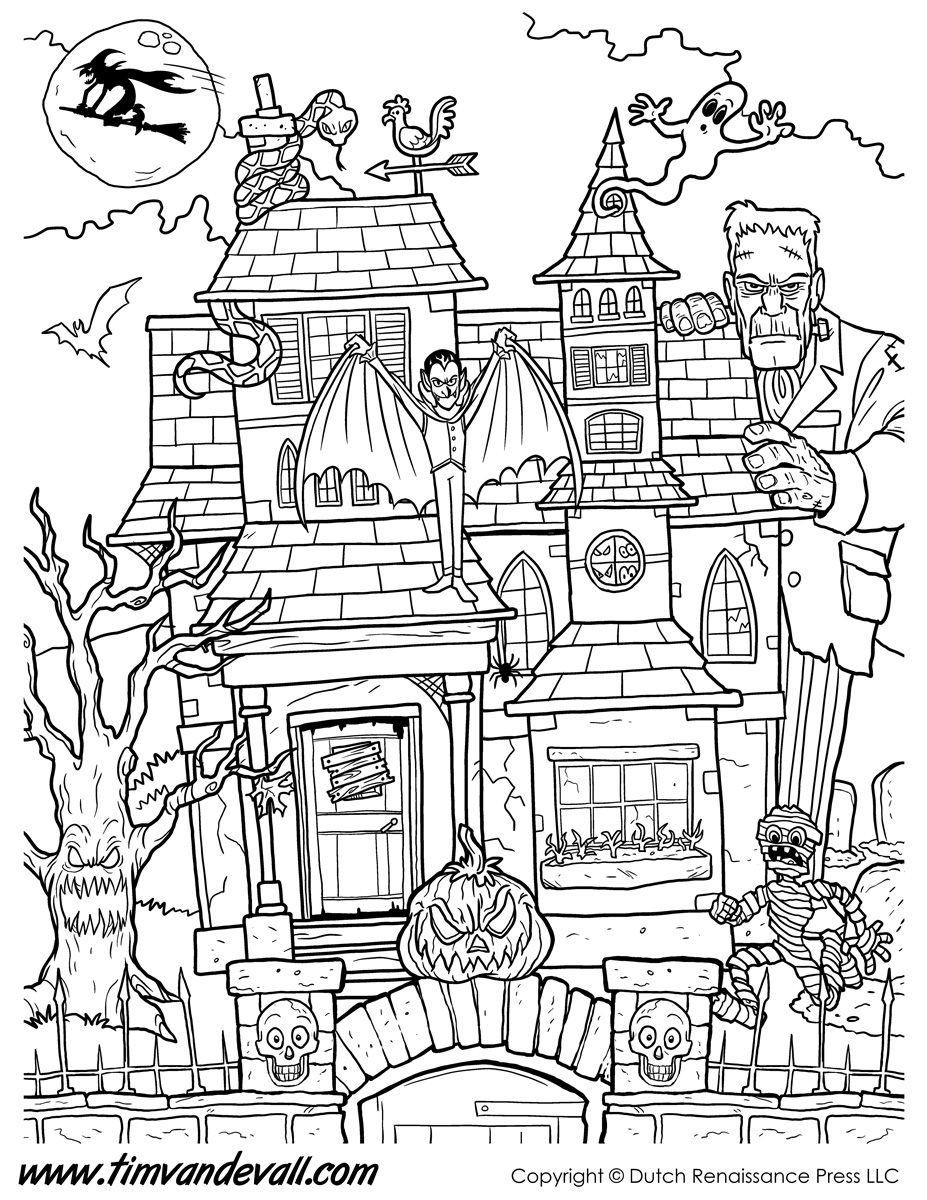927x1200 Haunted House Colouring Page