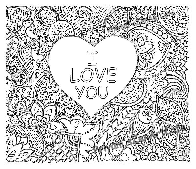 800x690 I Love You Art, Love Zentangle, Adult Coloring Page, Detailed