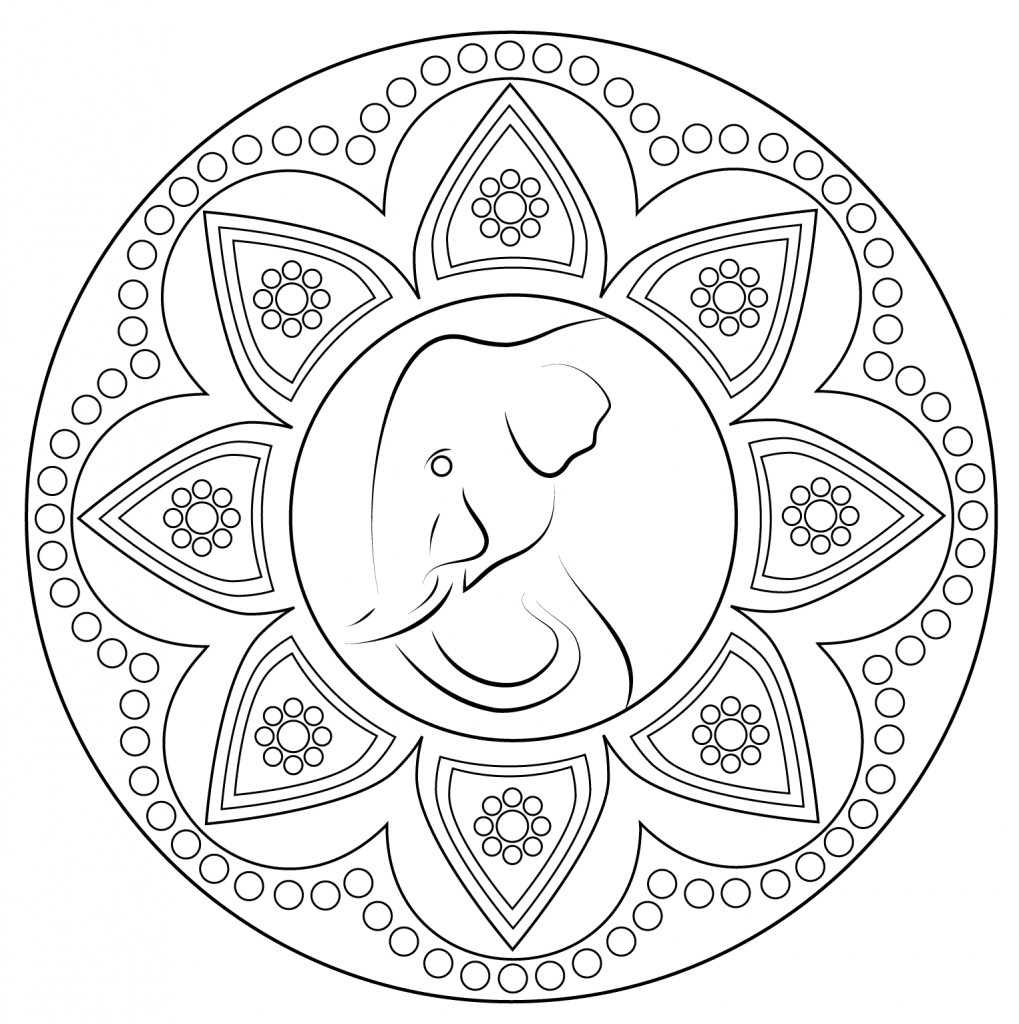 1019x1024 Indian Rangoli With Elephant Coloring Page Pattern