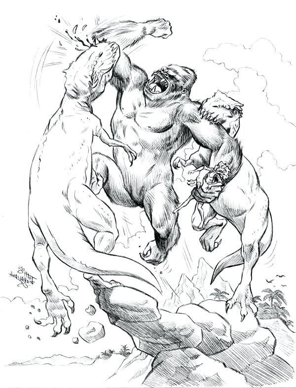 600x786 King Kong Coloring Pages King Fight To Death With Two Dinosaur