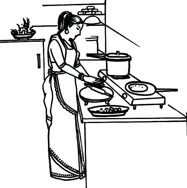 600x602 Cooking Coloring Pages Kitchen Mother Cooking Dinner