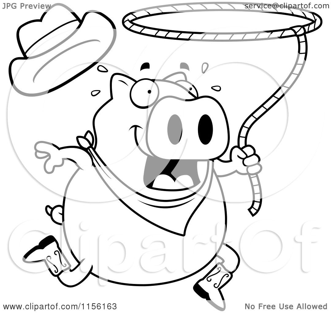 1080x1024 Cartoon Clipart Of A Black And White Rodeo Pig Swinging A Lasso