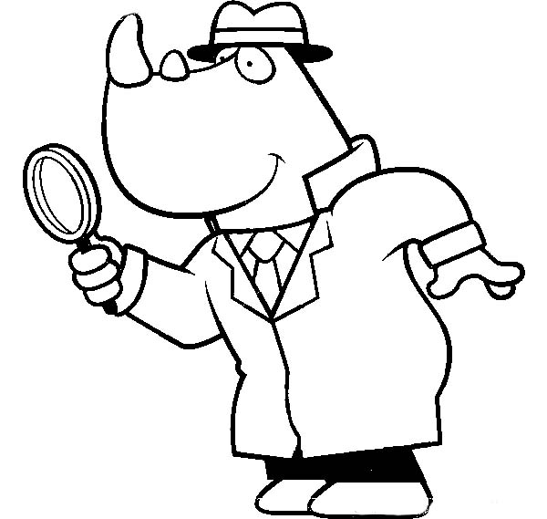600x569 Cartoon Of A Rhino Detective Using A Magnifying Glass Coloring