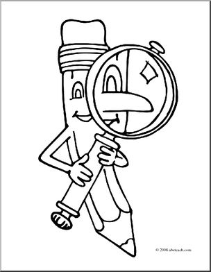 304x392 Clip Art Cartoon Pencil W Magnifying Glass