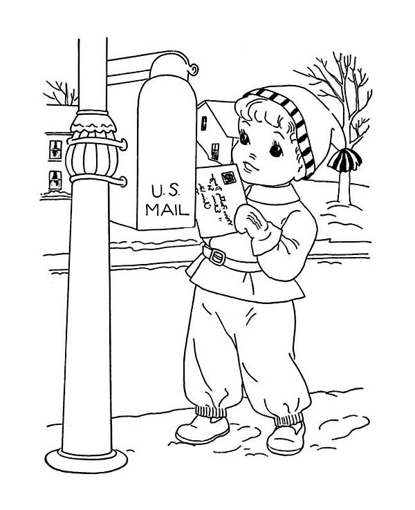 600x738 Little Kid Mailing Santa On Winter Christmas Present Coloring Page