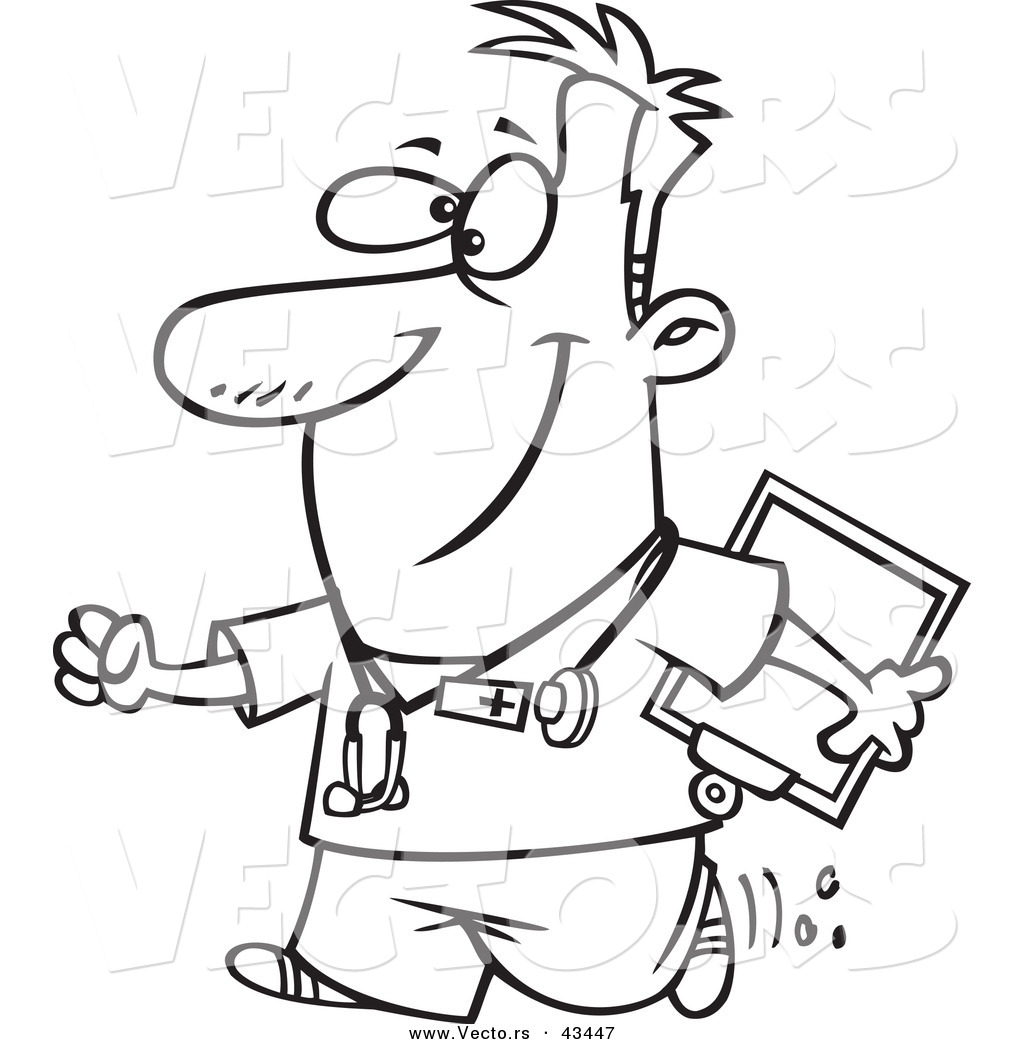 1024x1044 Vector Of A Happy Cartoon Male Nurse Carrying A Clipboard