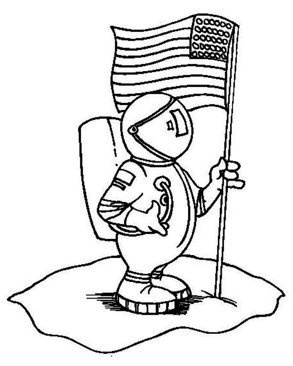 600x748 An Astronaut Holding Usa Flag On The Moon Coloring Page