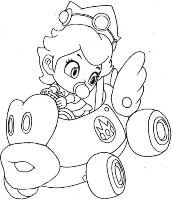 600x695 Princess Peach Mario Kart Wii Coloring Pages