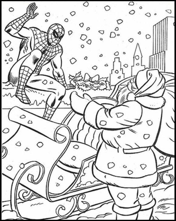580x731 Spiderman Christmas With Santa Coloring Picture For Kids