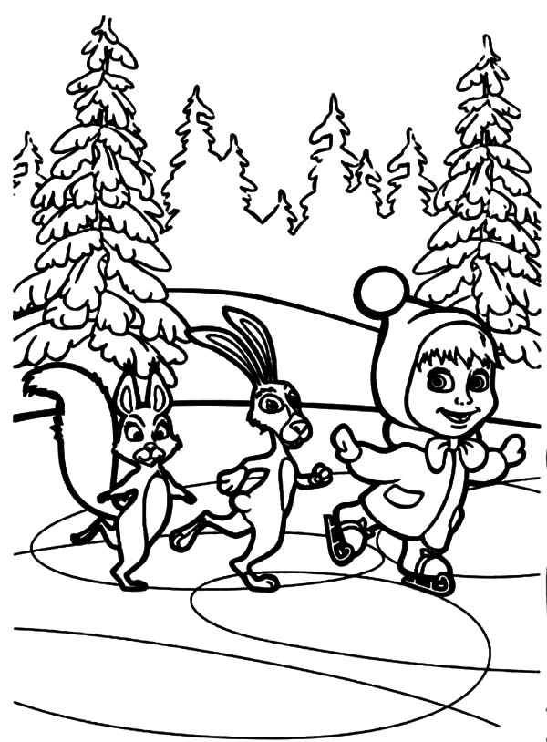 600x814 Masha And The Bear Skiing In Winter Season Coloring Pages Color Luna