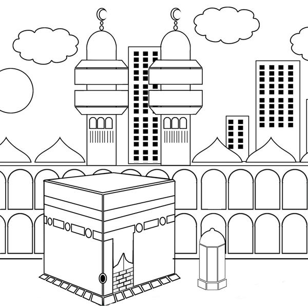 600x596 Kaaba Ka'bah Colouring Page Islamic Worksheets For Children
