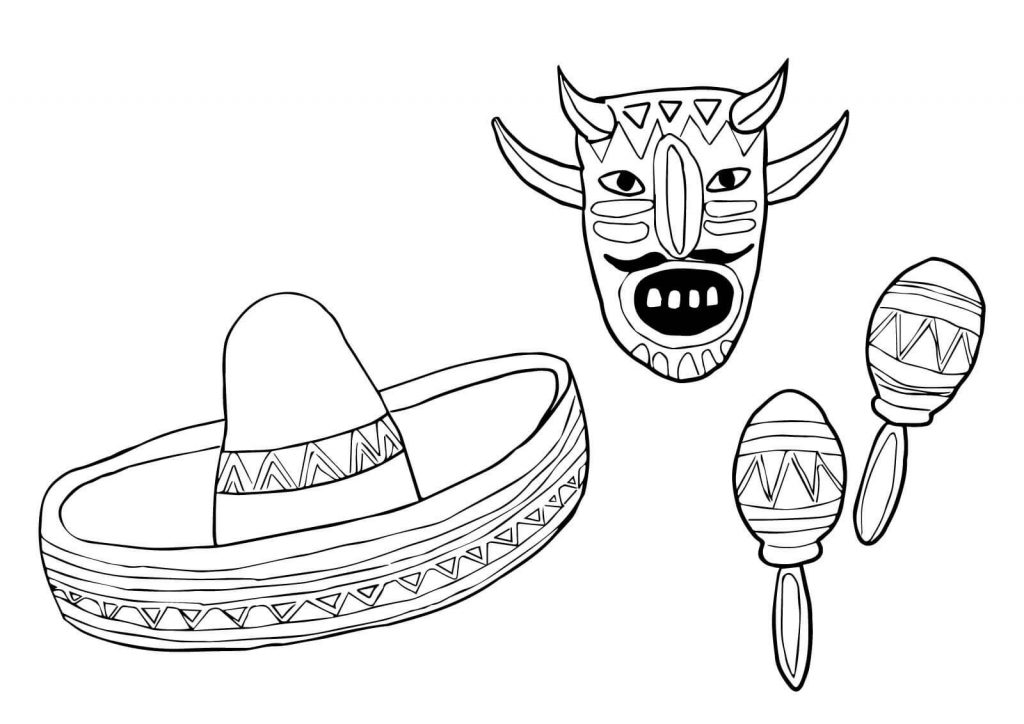 1024x724 Mask Sombrero And Maracas Mexico Coloring Page
