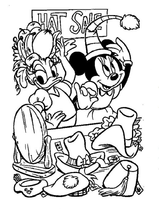 518x680 Minnie And Daisy Trying To Wear Some Hats Disney Coloring Pages