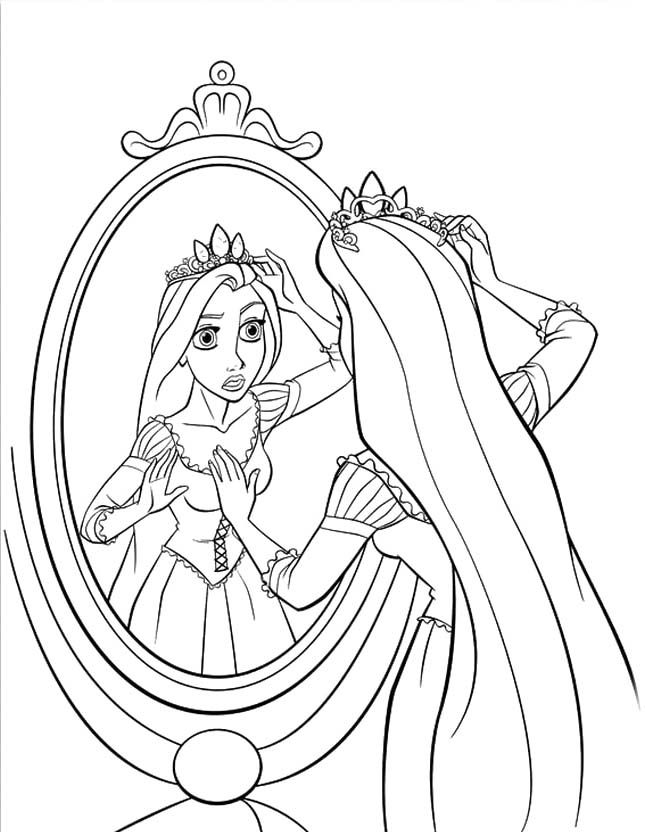 645x832 Princess Rapunzel Is Looking In Front Of The Mirror Coloring Pages