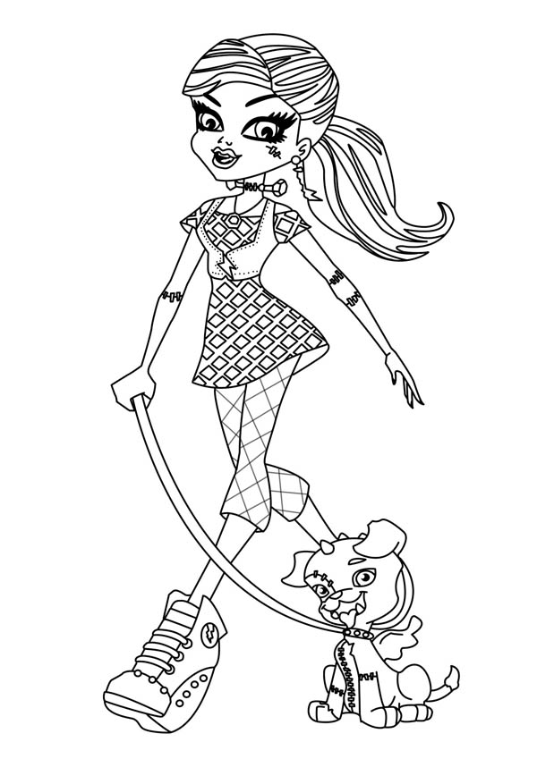 600x849 Frankie Stein Walking Her Little Dog In Monster High Coloring Page