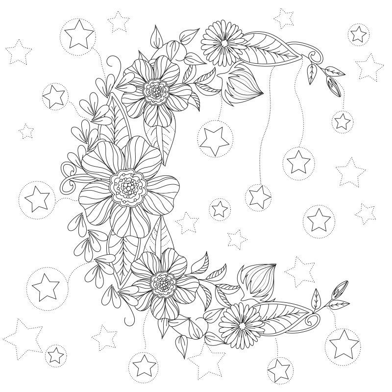 800x800 Floral Moon Coloring Page Design Ms Adult Coloring Pages