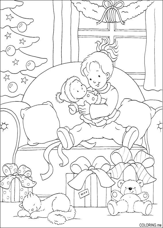 567x794 Coloring Page Christmas Morning Gift And Cat