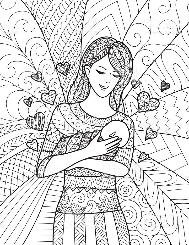 791x1024 Mom Holding Baby For Adult Coloring Pages Stock Vector Art More