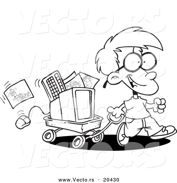 600x620 Vector Of A Cartoon Geeky Boy Moving His Computer In A Wagon