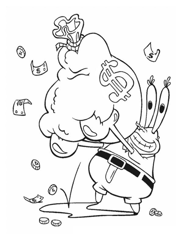 600x790 Mr Krabs With A Bag Full Of Money In Krusty Krab Coloring Page