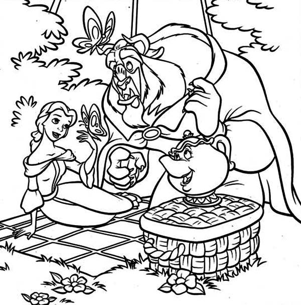 600x607 Belle, Mrs Potts And The Beast On Picnic Coloring Page