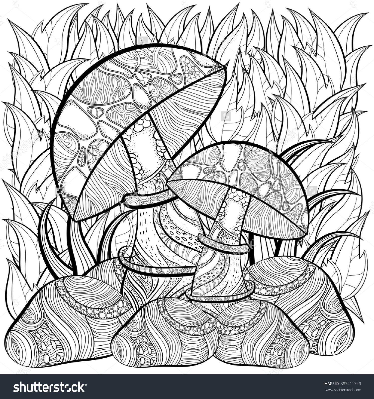 1500x1600 Scene With Mushrooms Zentangle Coloring Page Shutterstock