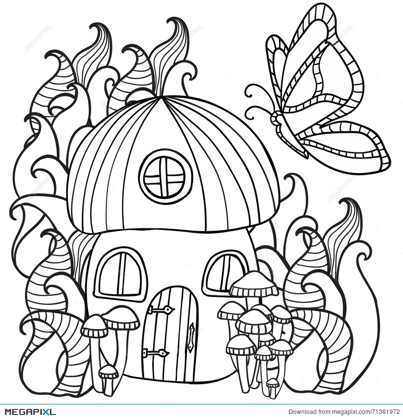 800x830 Coloring Pages Mushroom House With A Butterfly In The Fores
