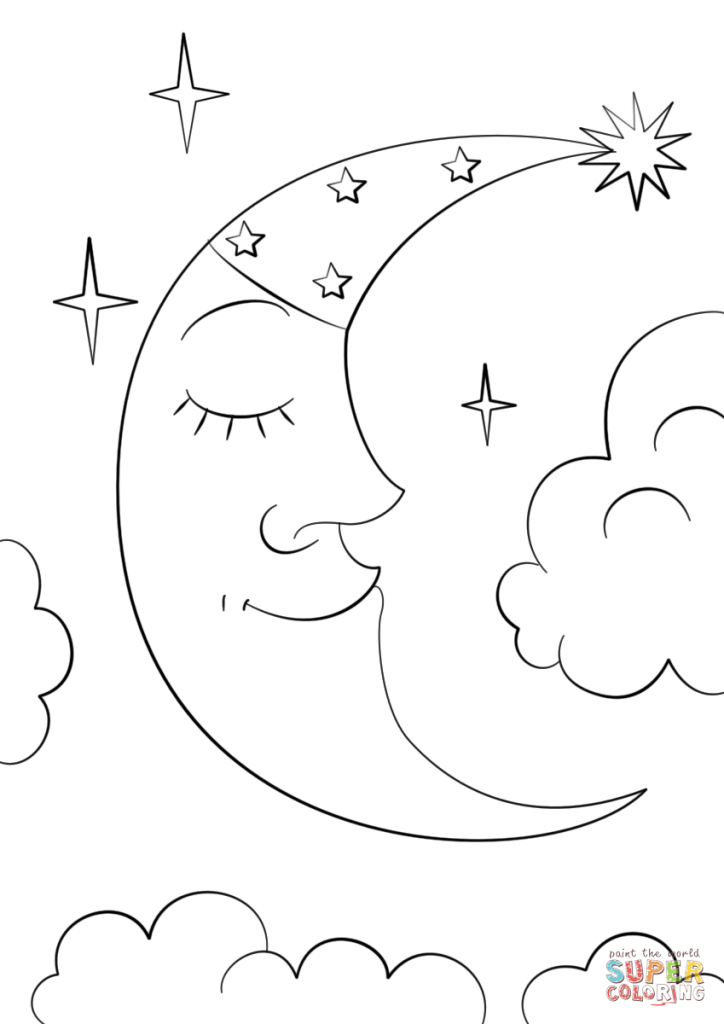724x1024 Cartoon Crescent Moon Nature Coloring Page