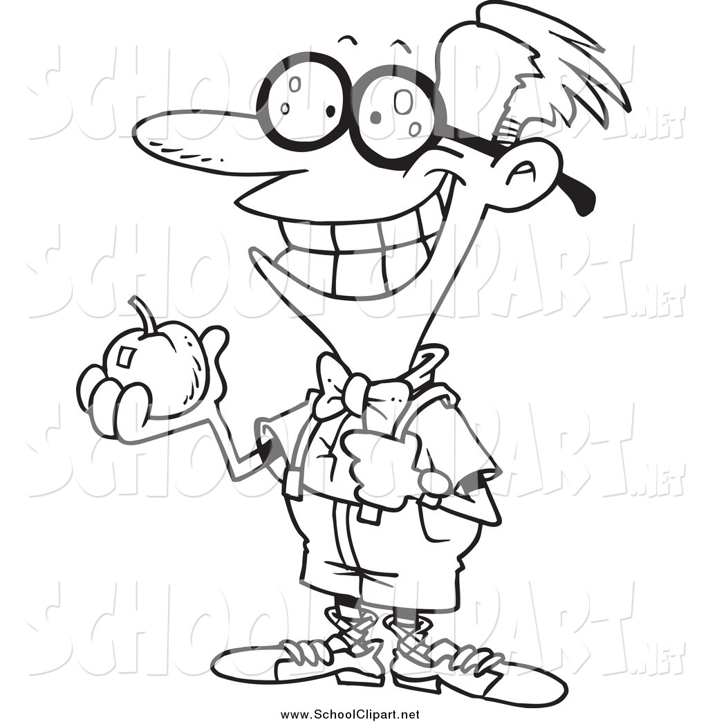1024x1044 Clip Art Of A Black And White Nerdy School Boy Holding An Apple