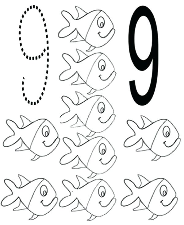 600x733 Number Coloring Page Learn Number With Nine Fishes Coloring