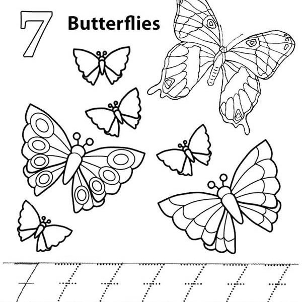 600x600 Number Coloring Page Learn Number With Seven Butterflies