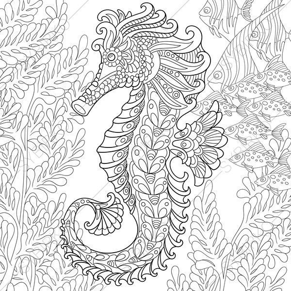600x600 Coloring Pages For Adults Ocean World Seahorse Underwater Sea