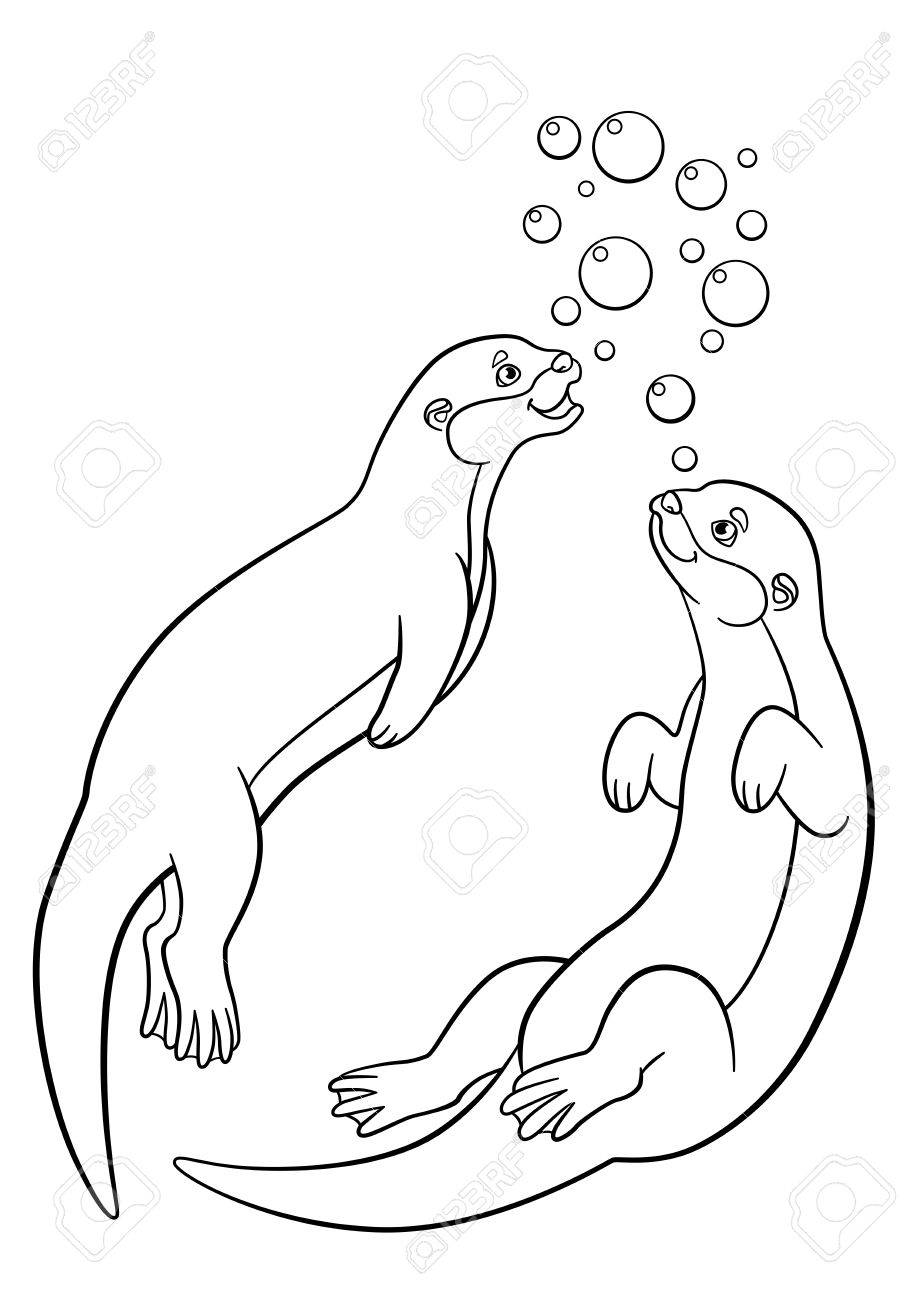 919x1300 Coloring Pages Two Little Cute Otters Swim And Smile Royalty Free