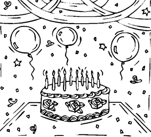 600x545 Birthday Cake And Balloons Coloring Pages Birthday Cake, Happy