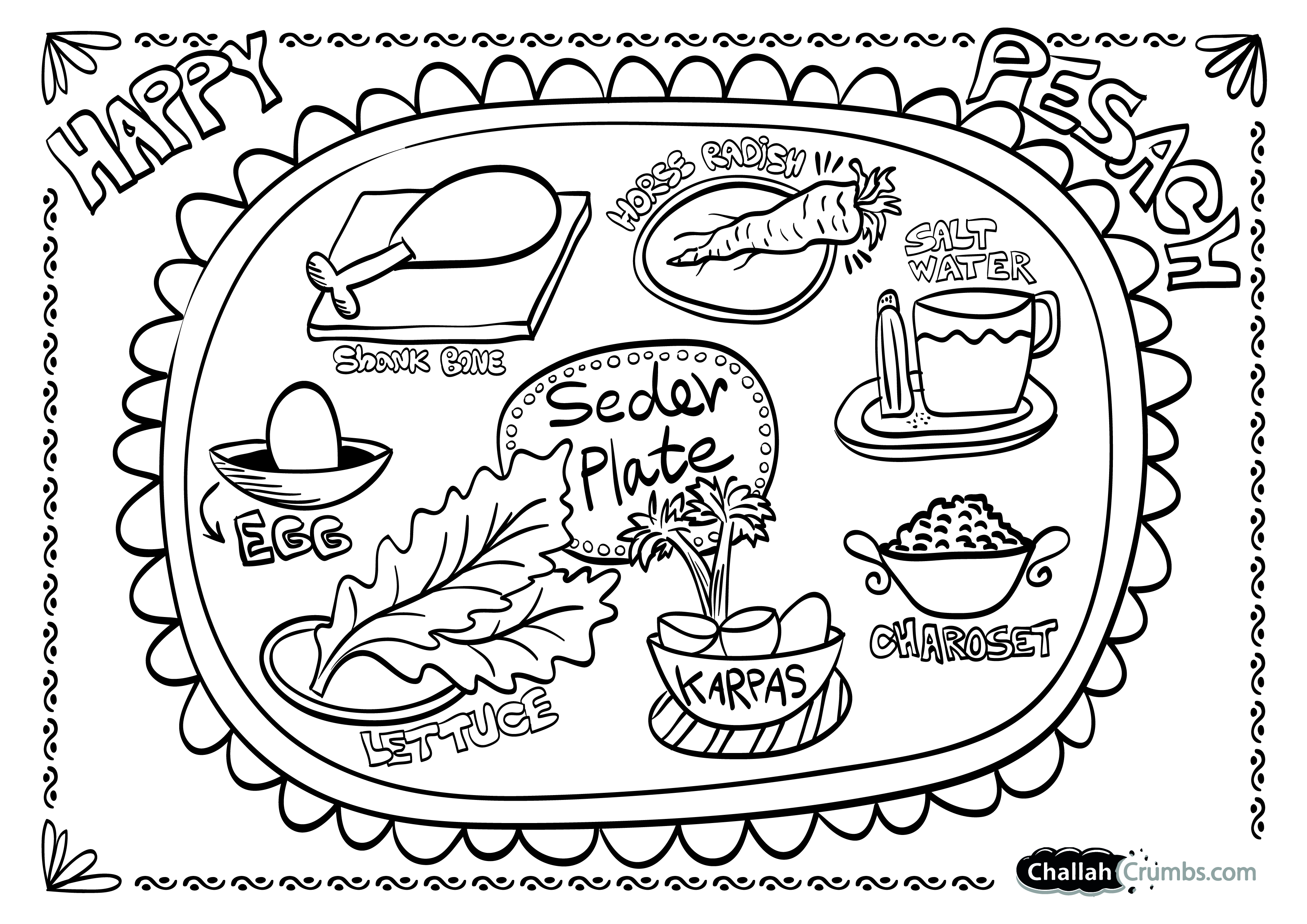 3508x2480 Coloring Page Seder Plate Challah Crumbs Passover Coloring Pages