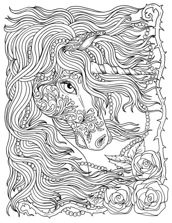 570x738 Unicorn And Pearls Fantasy Coloring Page Adult Coloring Instant