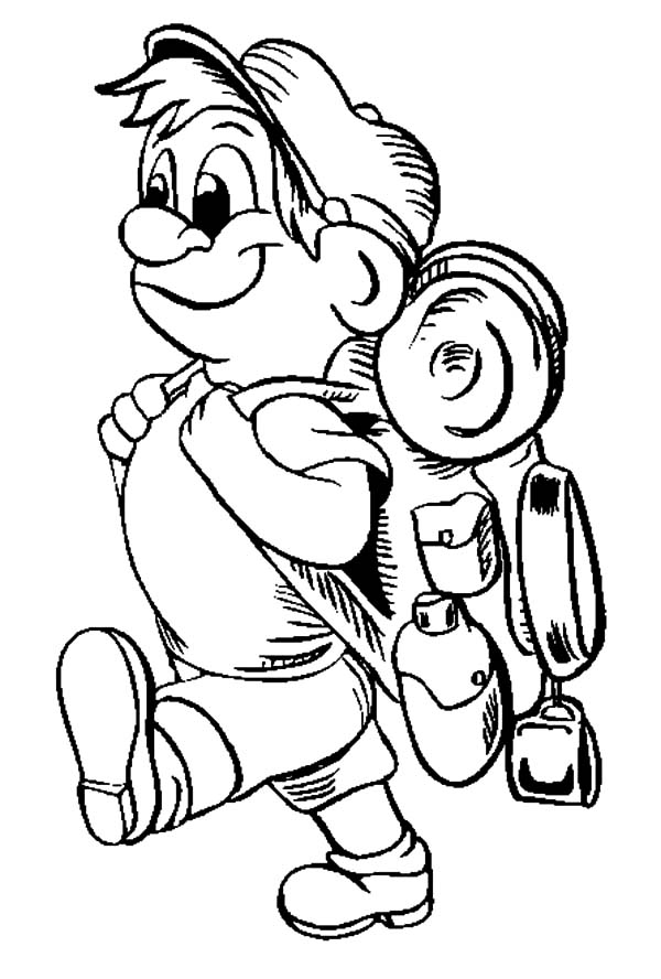 600x888 Little Kid Walking With His Camping Backpack Coloring Pages