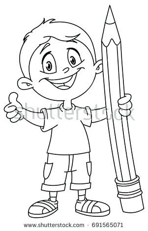 301x470 Person Coloring Page Outlined Young Boy Holding A Big Pencil