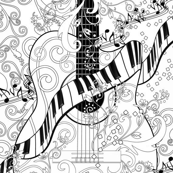 570x570 Adult Coloring Page, Printable Adult Guitar Coloring Poster, Piano