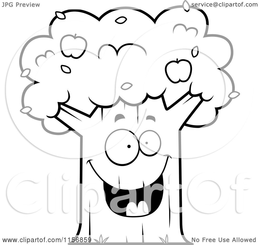 1080x1024 Cartoon Clipart Of A Black And White Happy Apple Tree