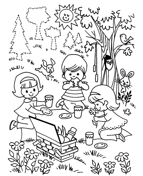 600x734 Three Children Playing Family Picnic Coloring Pages