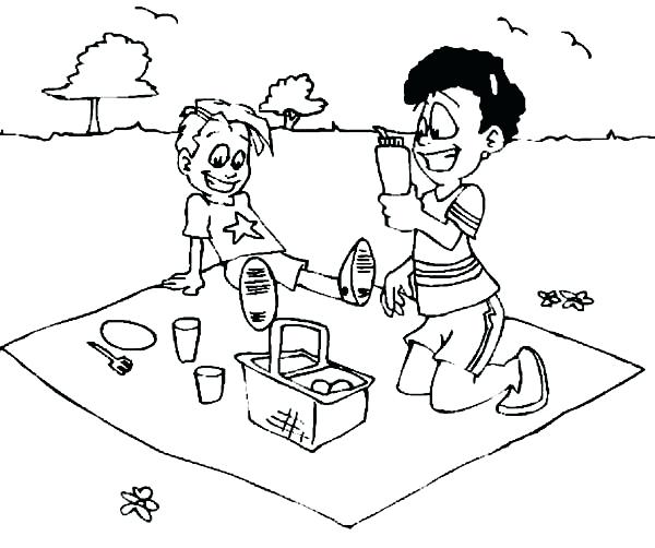 600x502 Picnic Coloring Page Two Kid Drink On Summer Picnic Coloring Page