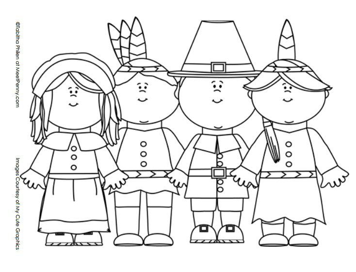 734x561 Thanksgiving Pilgrims And Indians Coloring Page Thanksgiving
