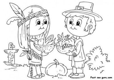 400x283 Free Printable Thanksgiving Native And Pilgrim Coloring Page