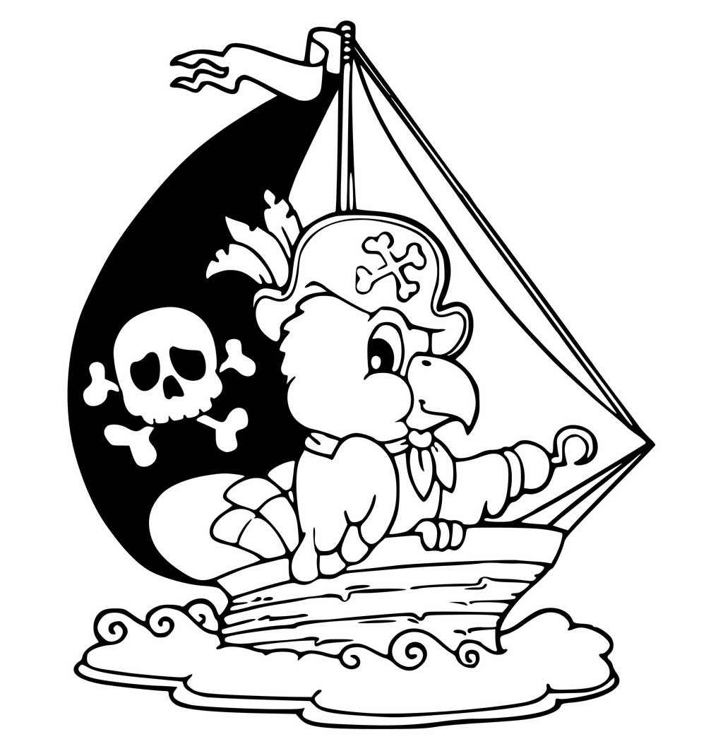 1024x1070 Pirate Ship With Captain Parrot Coloring Page