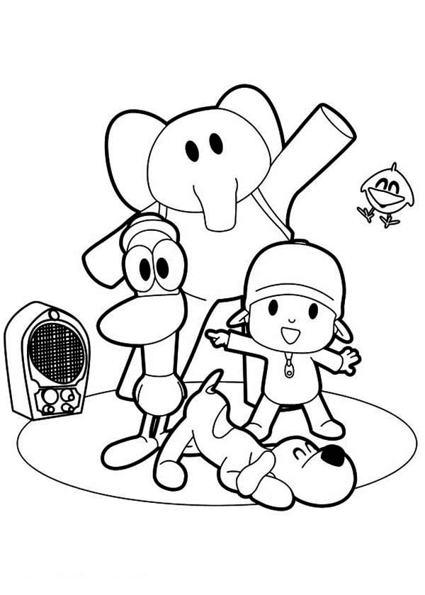 600x840 Pocoyo Dancing While Listening Music From Radio Coloring Page