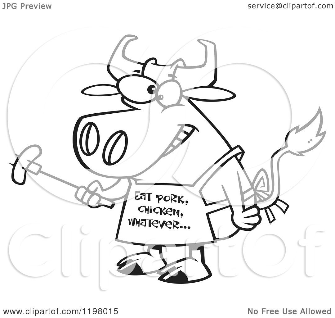 1080x1024 Cartoon Of An Outlined Bbq Cow Holding A Sausage On A Fork